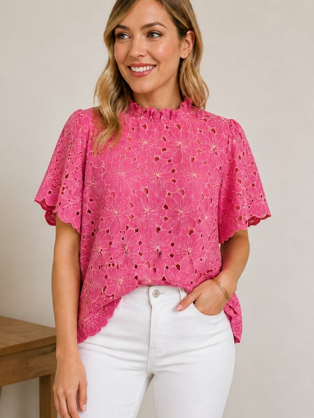 Shop The Mint Pink Floral Eyelet Blouse XL Ruffle Neck Feminine Summer Top